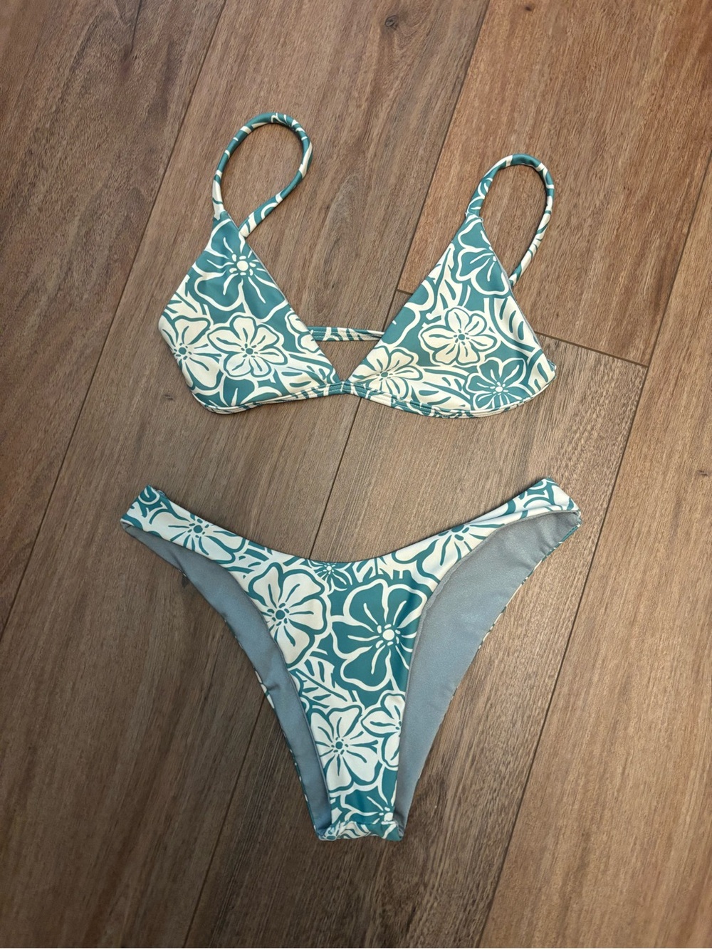 Keahikini Custom Made Floral Triangle Bikini Set - Teal & White Size XS *NEW*